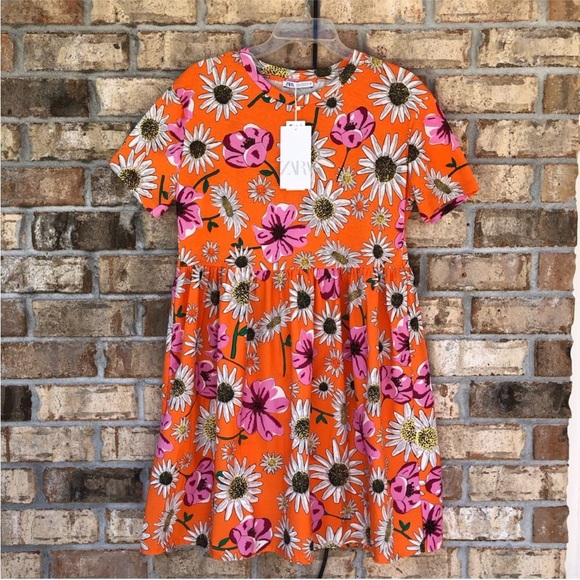 ZARA Mix Medía Cotton Orange Floral Print Short Sleeve Pull On Mini Dress M - Picture 3 of 16